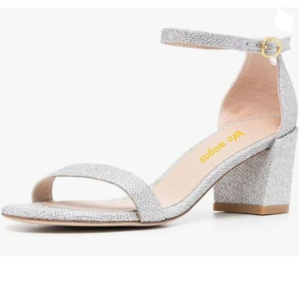 WO WAGAS Silver Women’s Ankle Strap Sandals Chunky Heels Almond Toe Buckle Shoes